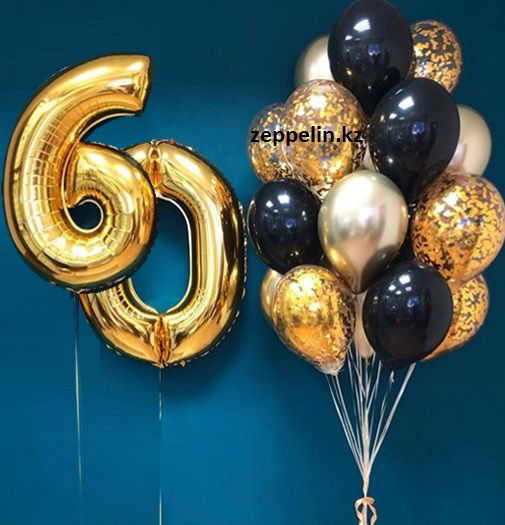 букет шаров черный золой цвет, шарики цифра 60